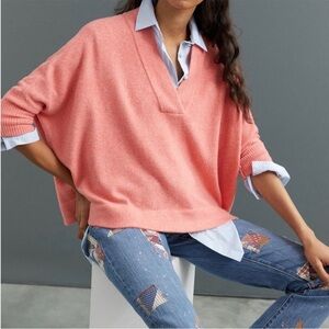NWT By Anthropologie Slouchy Cozy Coral V-Neck Sweater Size Small Soft
